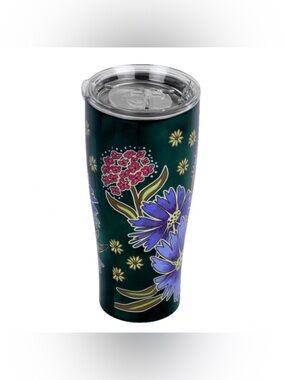 Cypress home. Dark green stainless steel mug with a vibrant floral print.